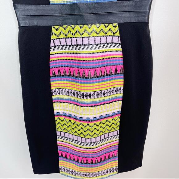 MILLY Size 4 Malhia Striped Aztec Sheath Dress Cocktail Black Neon Pink Yellow - Picture 4 of 10